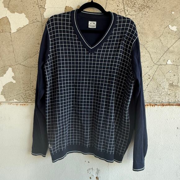 Adidas Sweater Mens L V-Neck Pullover Navy Grid Check Tenniscore Preppy Retro - Picture 1 of 7